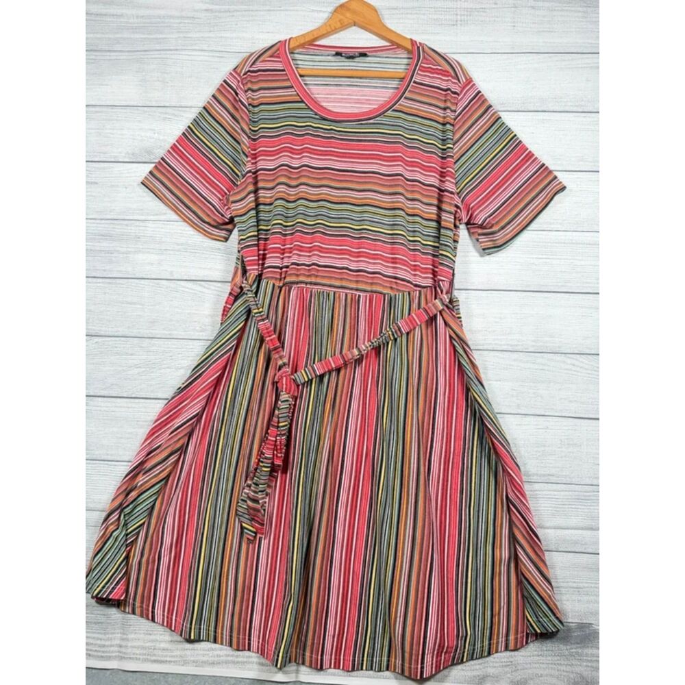 BloomChic Womens 2X 18/20 Multicolor Striped Belted Fit Flare Dress 4252